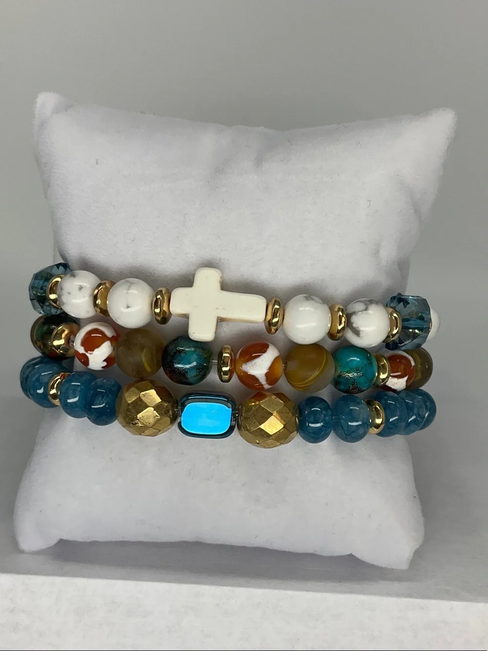Turquoise, White & Gold Stackable Stretch Beaded Bracelet Set with Cross
